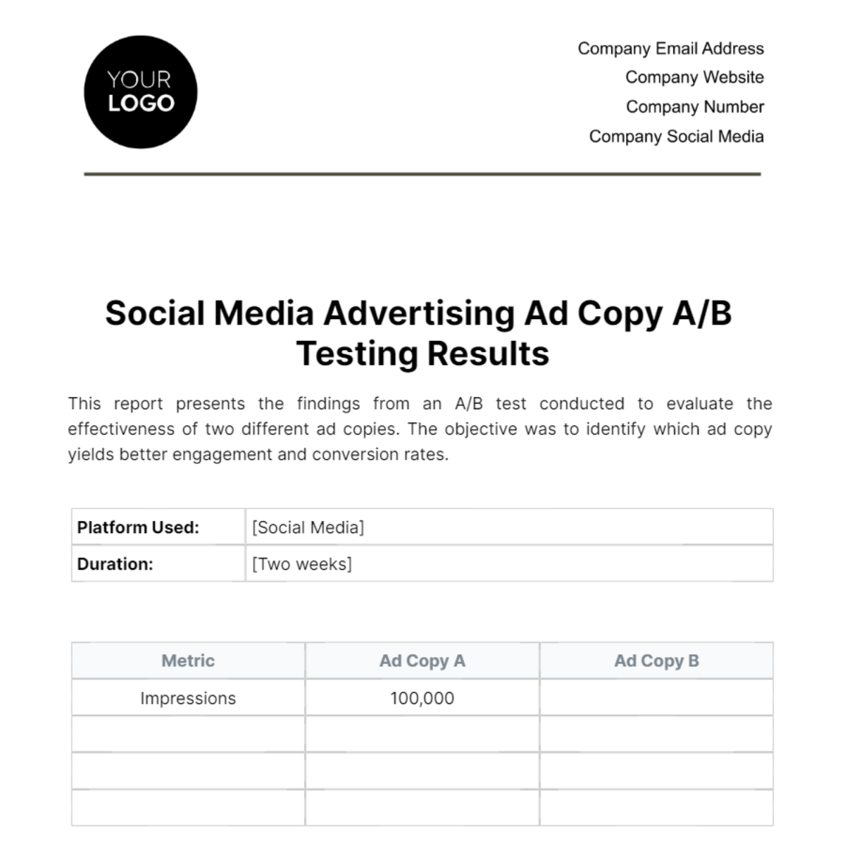 Social Media Advertising Ad Copy A/B Testing Results Template