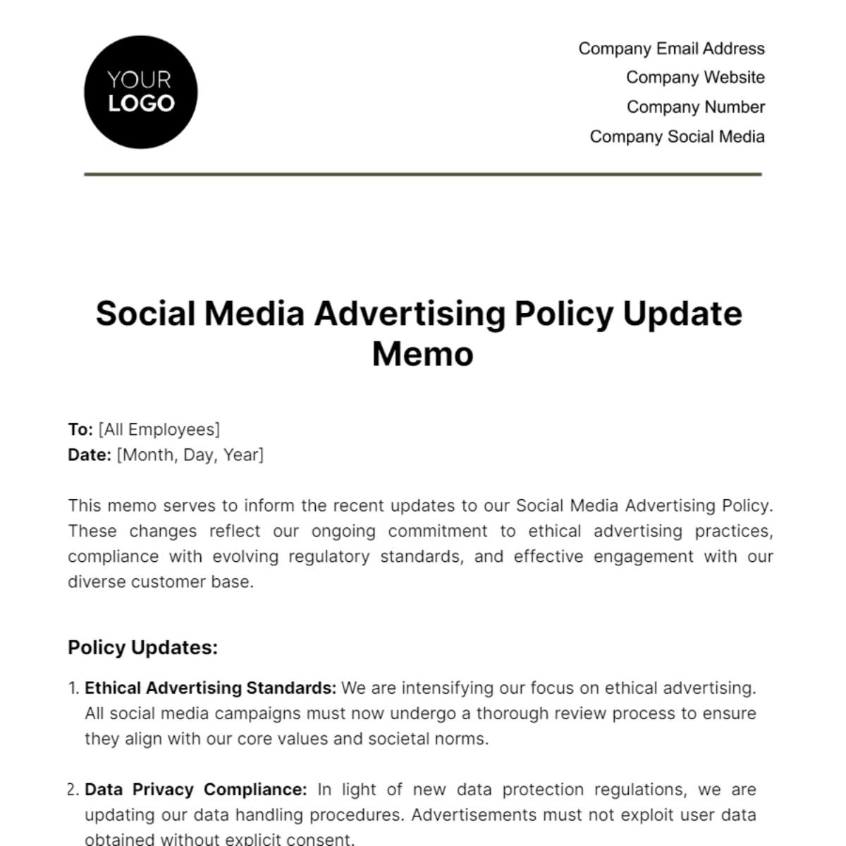 Social Media Advertising Policy Update Memo Template