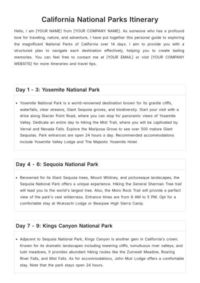 Free California National Parks Itinerary Template to Edit Online