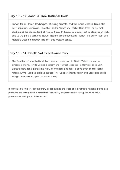 Free California National Parks Itinerary Template to Edit Online