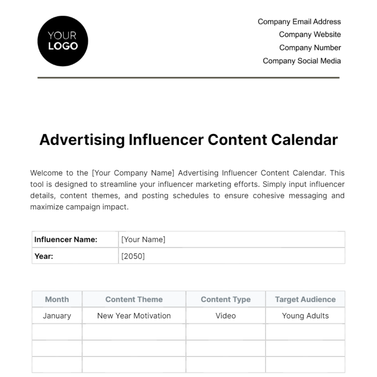 Advertising Influencer Content Calendar Template
