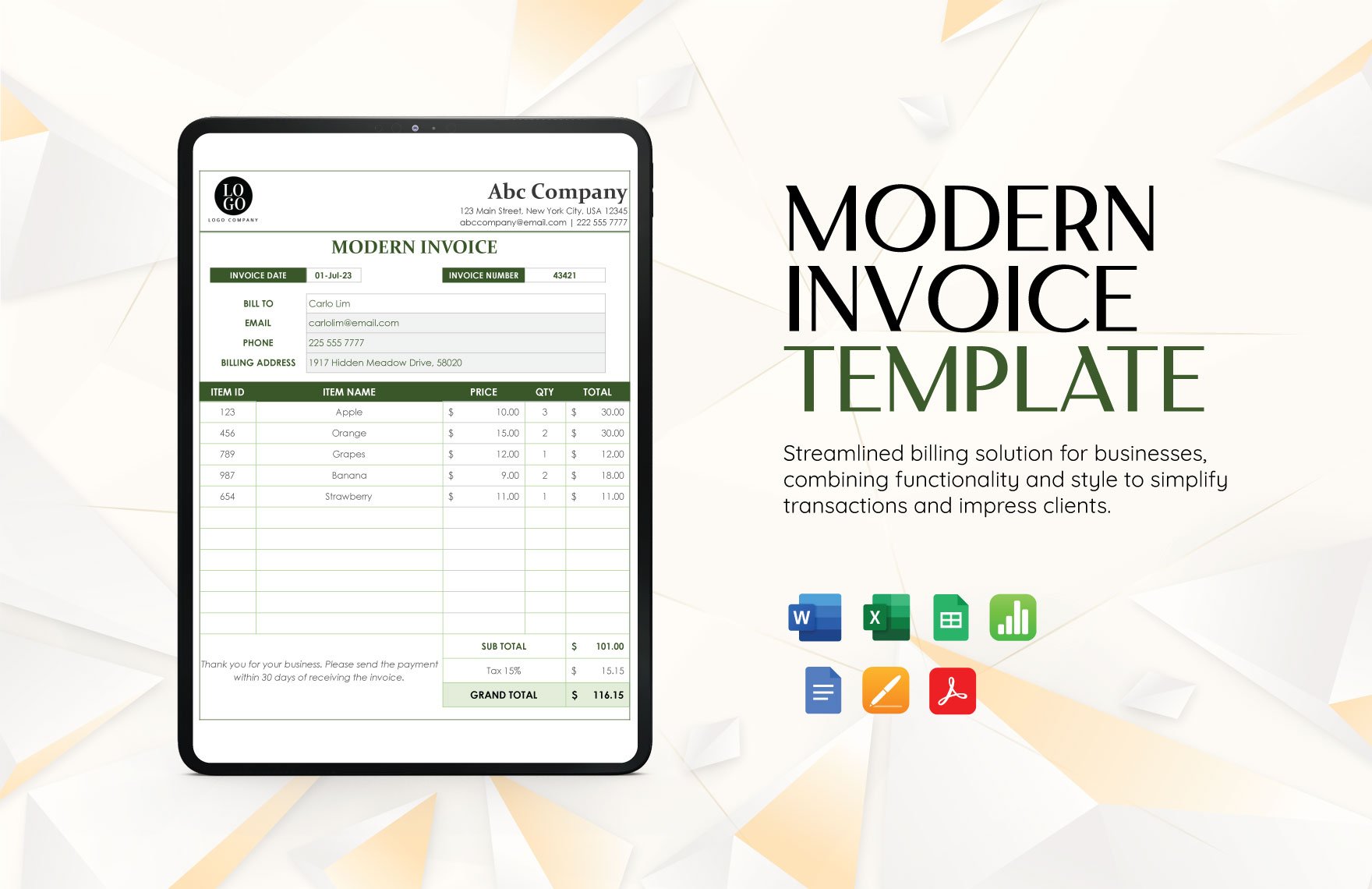 Modern Invoice Template in Word, Google Docs, Excel, PDF, Google Sheets, Apple Pages, Apple Numbers