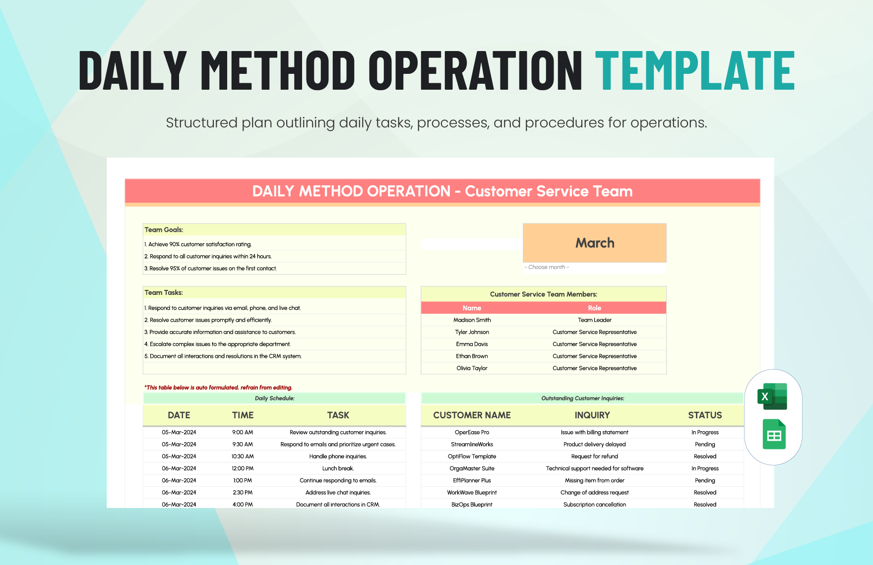 Daily Method Operation Template in Excel, Google Sheets