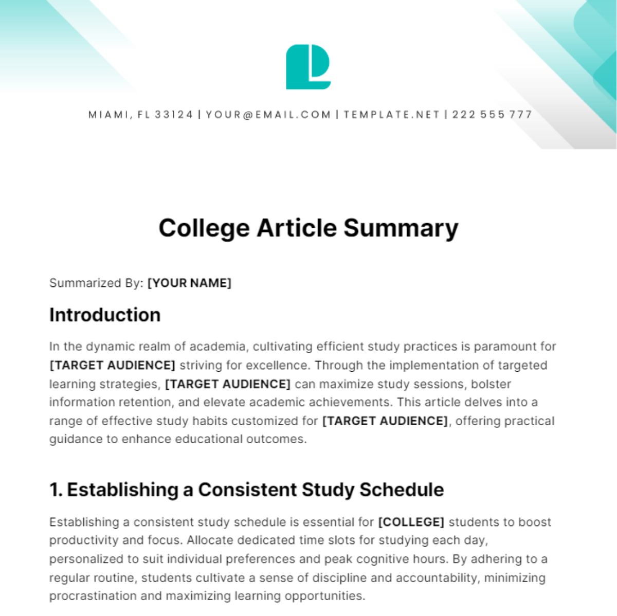 College Article Summary Template