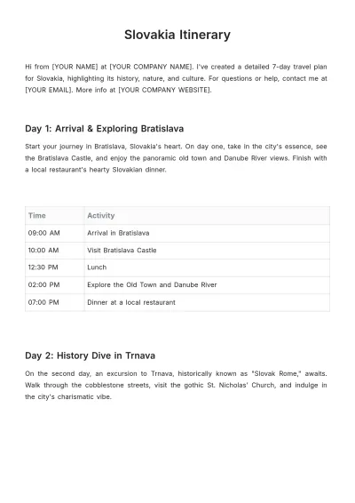 Free Slovakia Itinerary Template to Edit Online