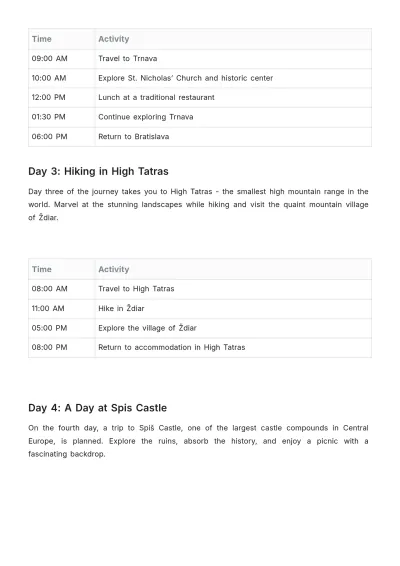Free Slovakia Itinerary Template to Edit Online