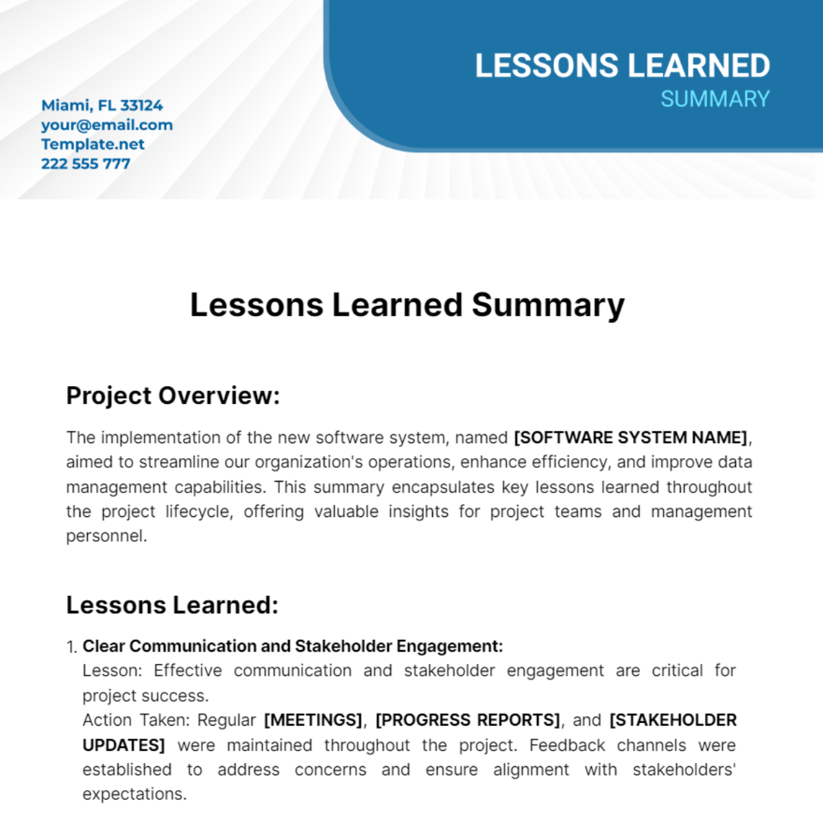 Lessons Learned Summary Template