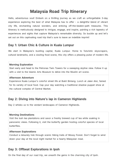 Free Malaysia Road Trip Itinerary Template to Edit Online