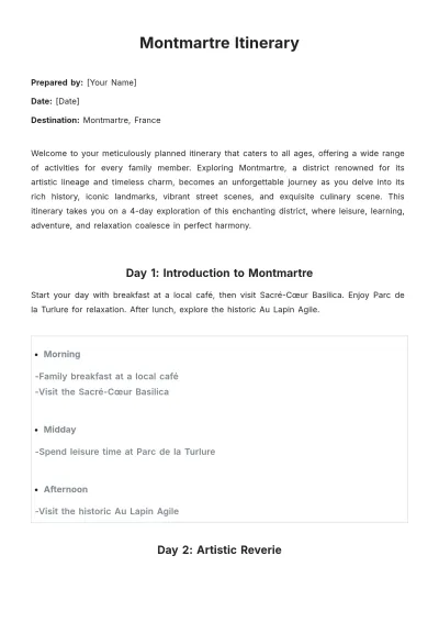 Free Montmartre Itinerary Template to Edit Online