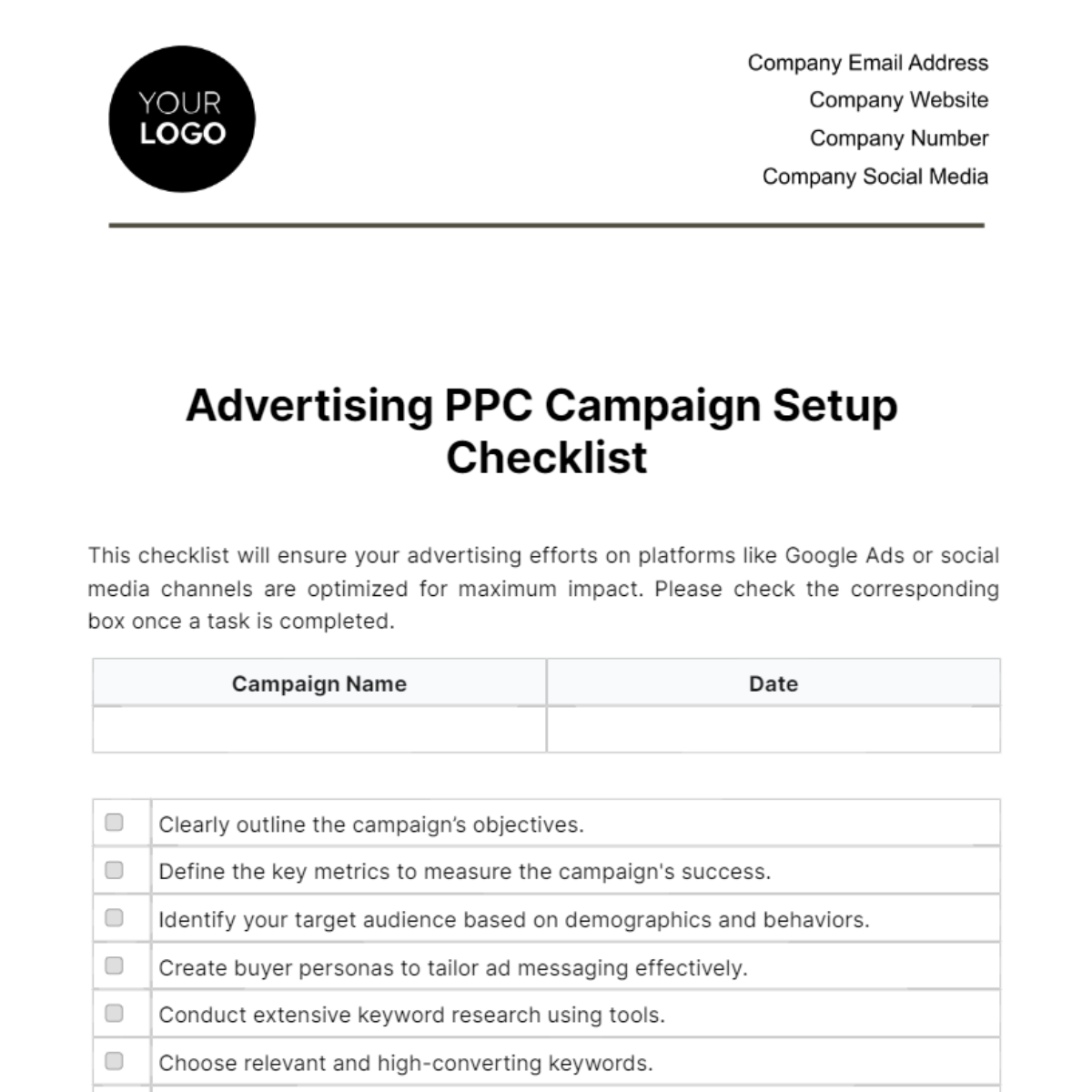 Free Advertising PPC Campaign Setup Checklist Template