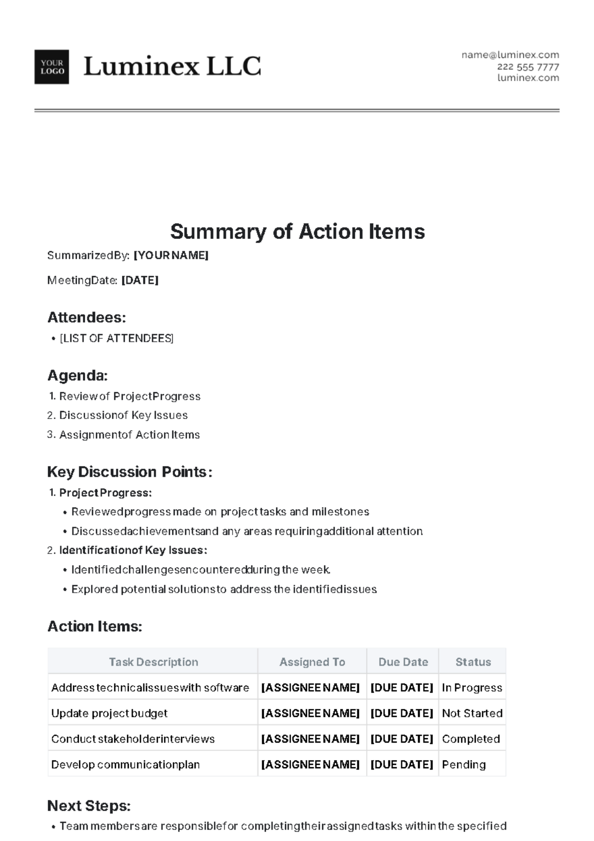 Printable Action Items Summary Template - Edit Online & Download