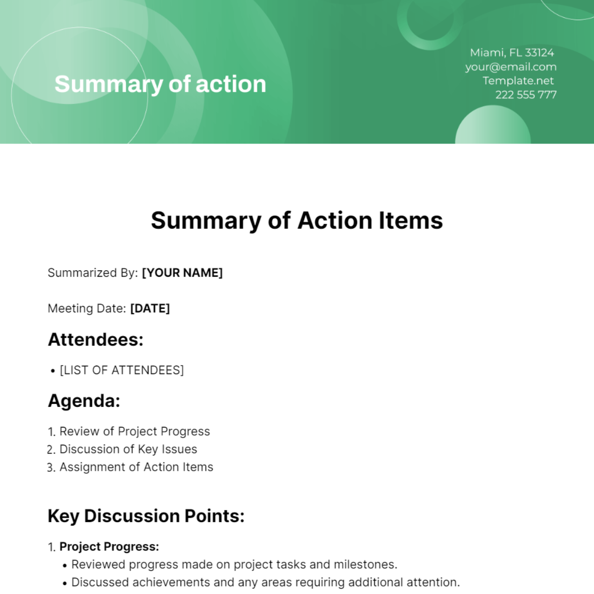 Summary Of Action Items Template