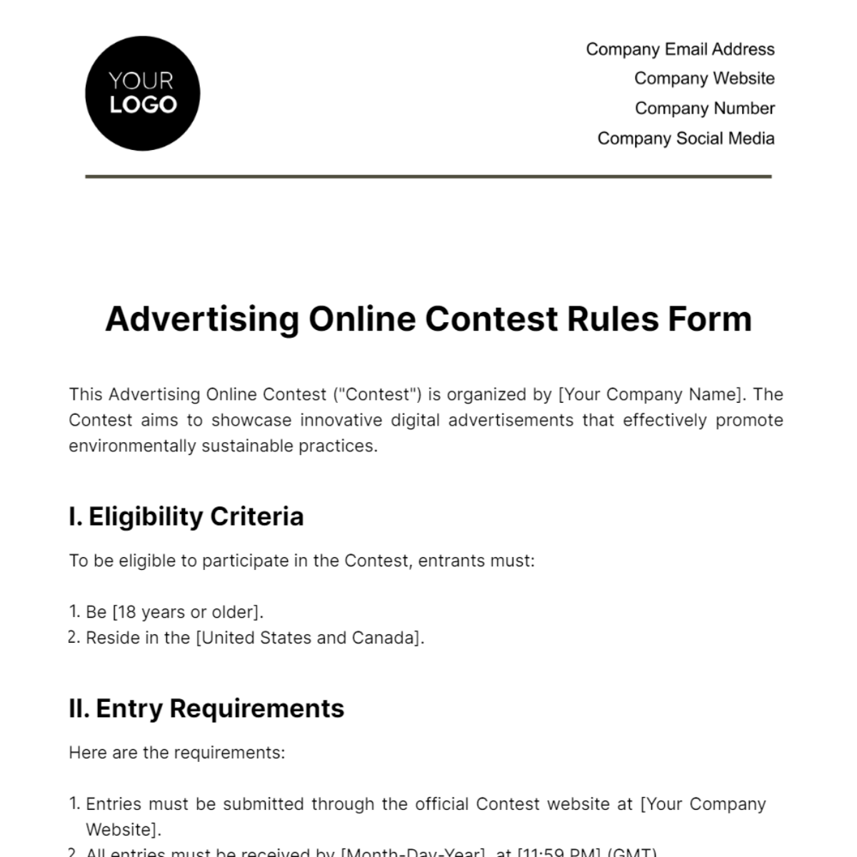 Advertising Online Contest Rules Form Template