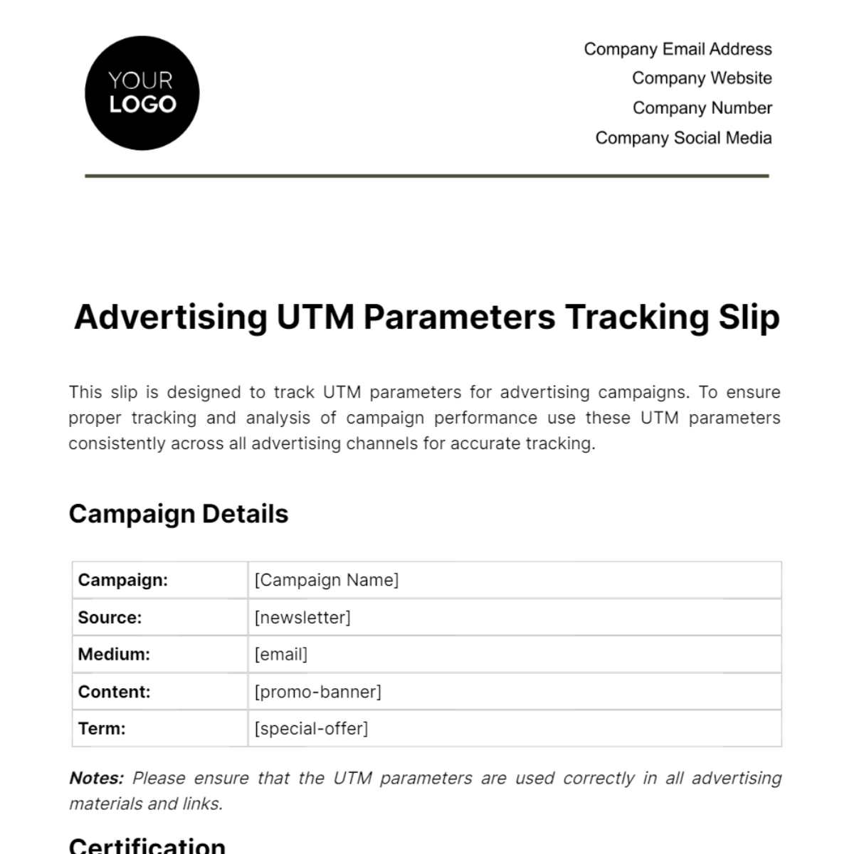 Advertising UTM Parameters Tracking Slip Template