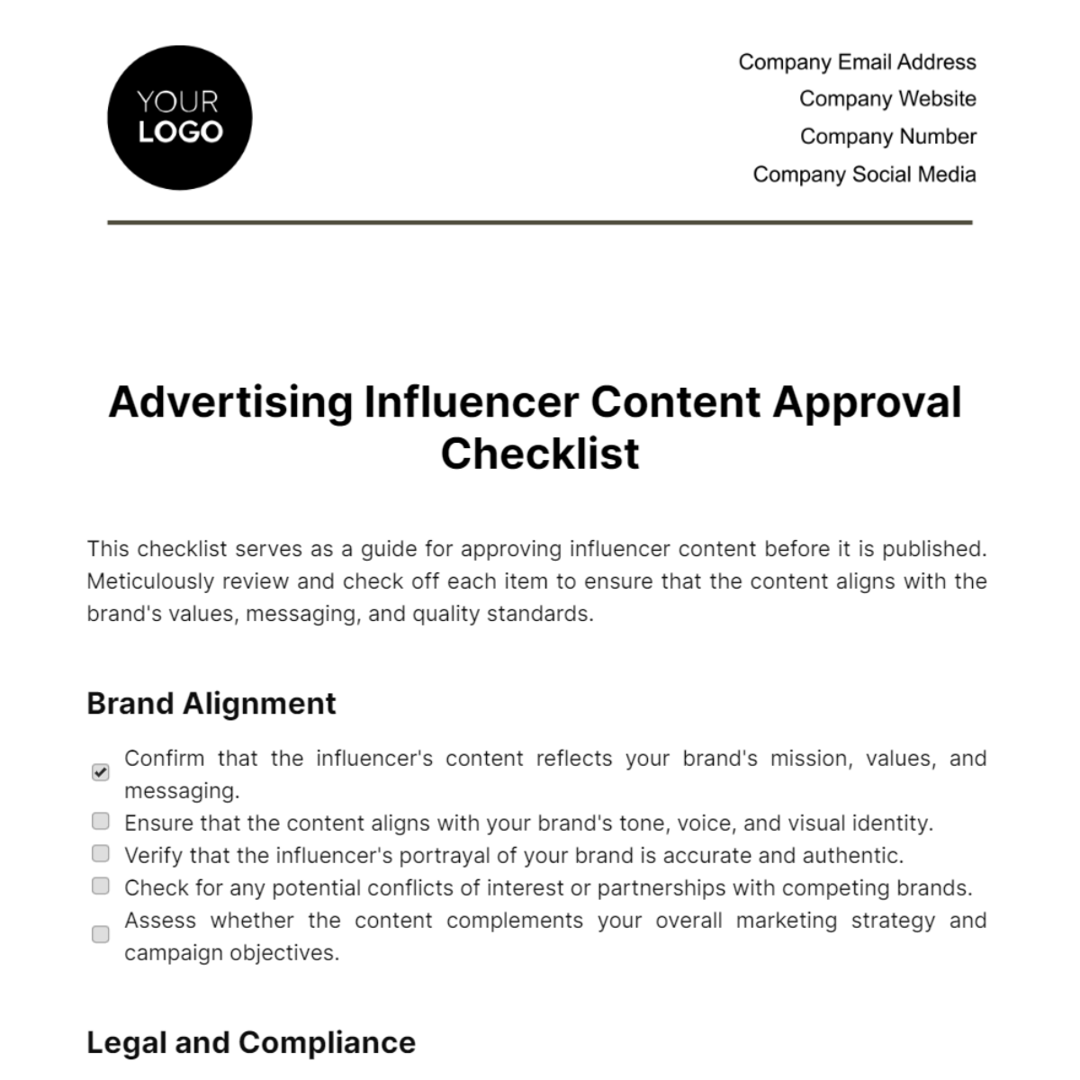 Free Advertising Influencer Content Approval Checklist Template