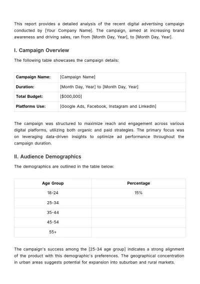 Free Advertising Digital Campaign Analytics Report Template to Edit Online