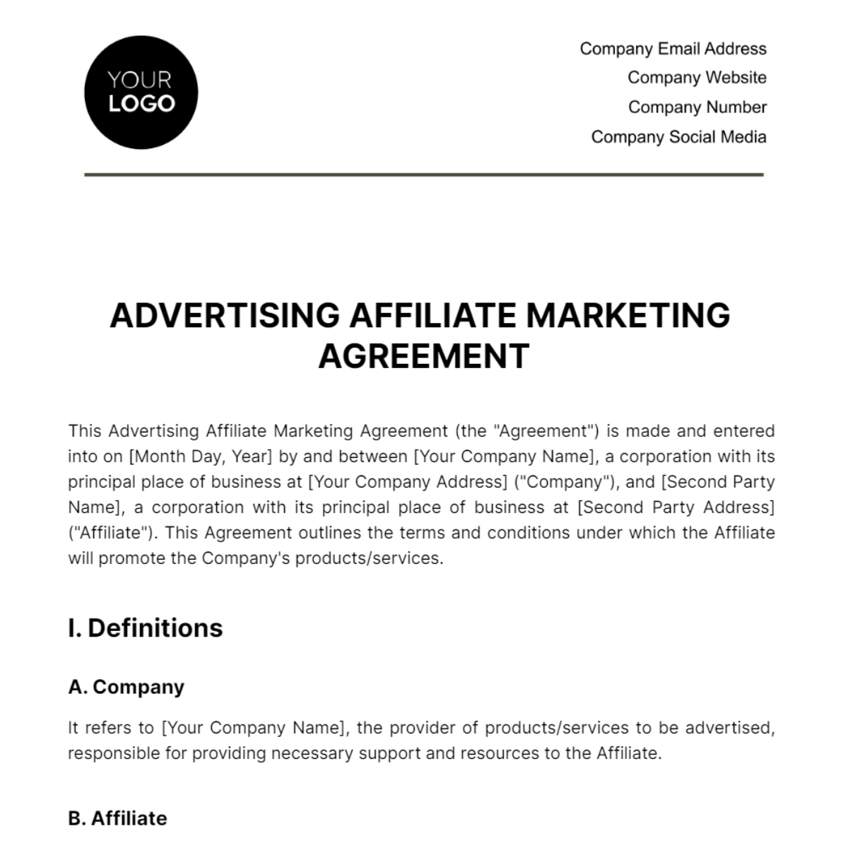 Advertising Affiliate Marketing Agreement Template