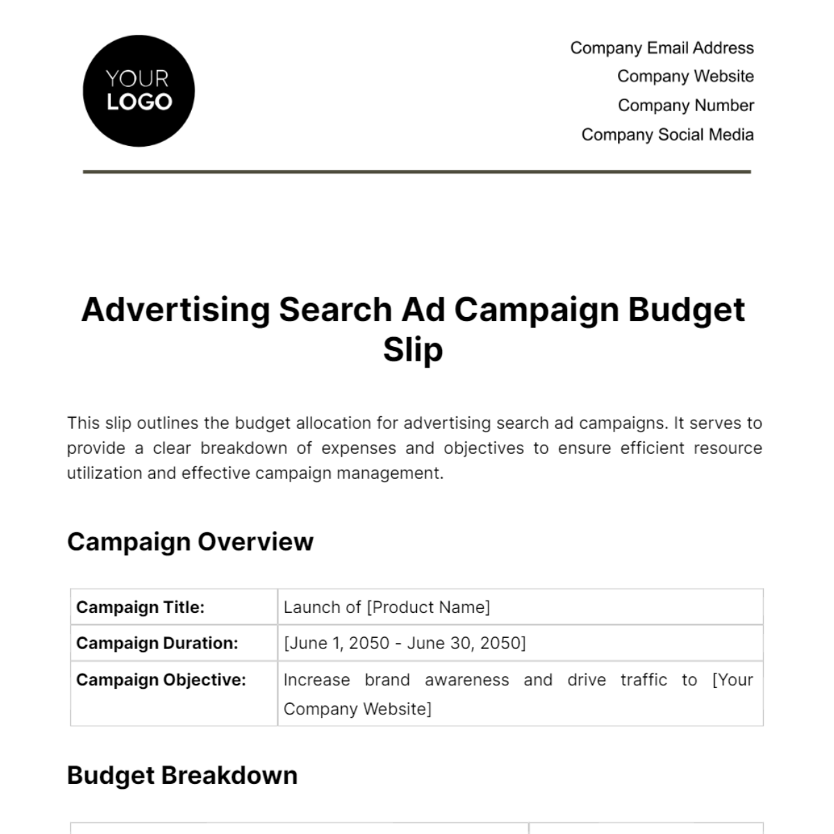 Advertising Search Ad Campaign Budget Slip Template