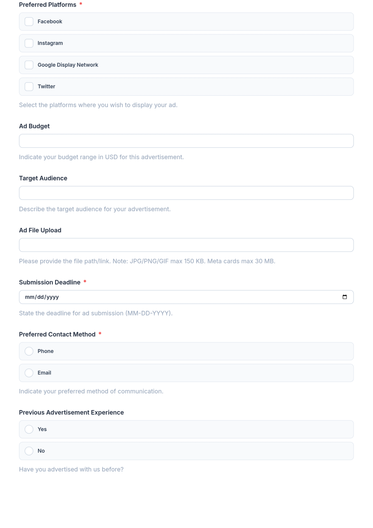 Free Advertising Display Ad Specifications Form Template & AI Maker Free Advertising Display Ad Specifications Form Template & AI Maker