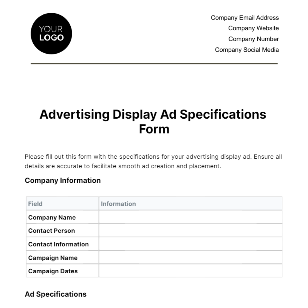 Advertising Display Ad Specifications Form Template
