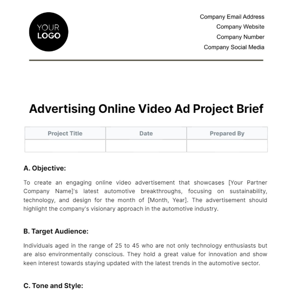 Advertising Online Video Ad Project Brief Template