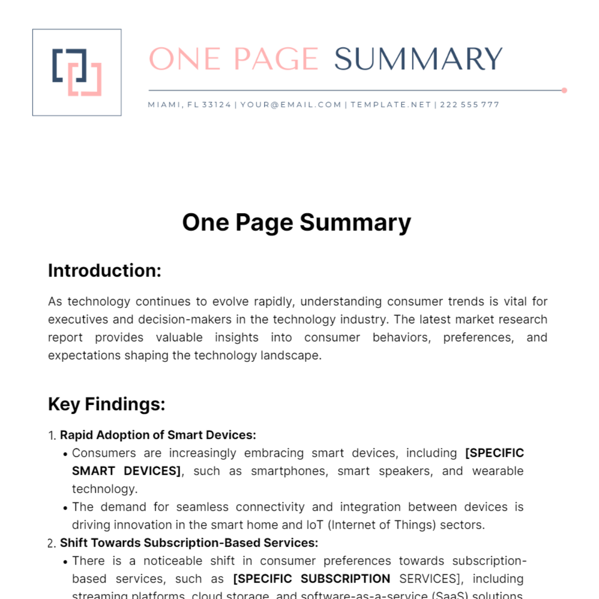 One Page Summary Template