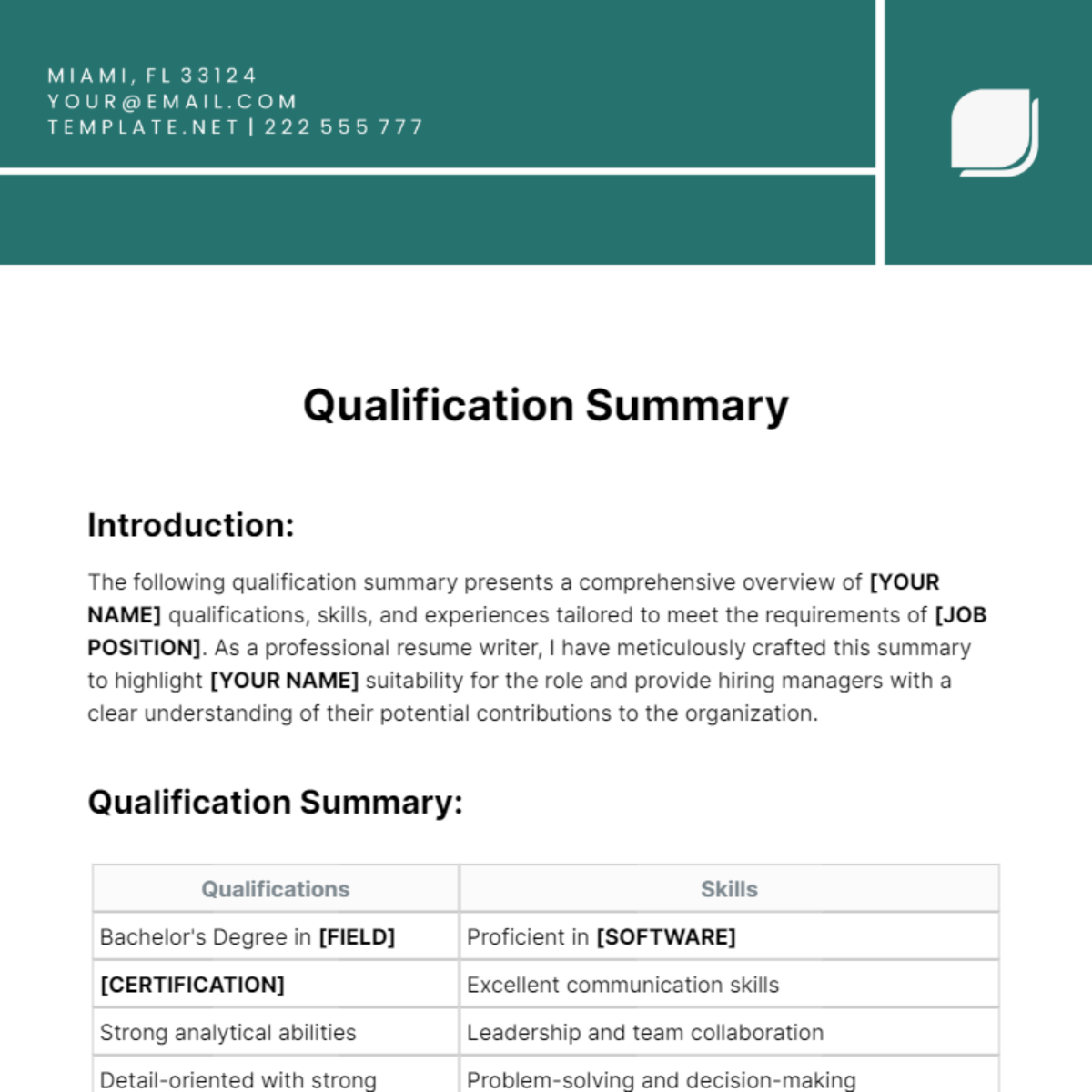 Qualification Summary Template
