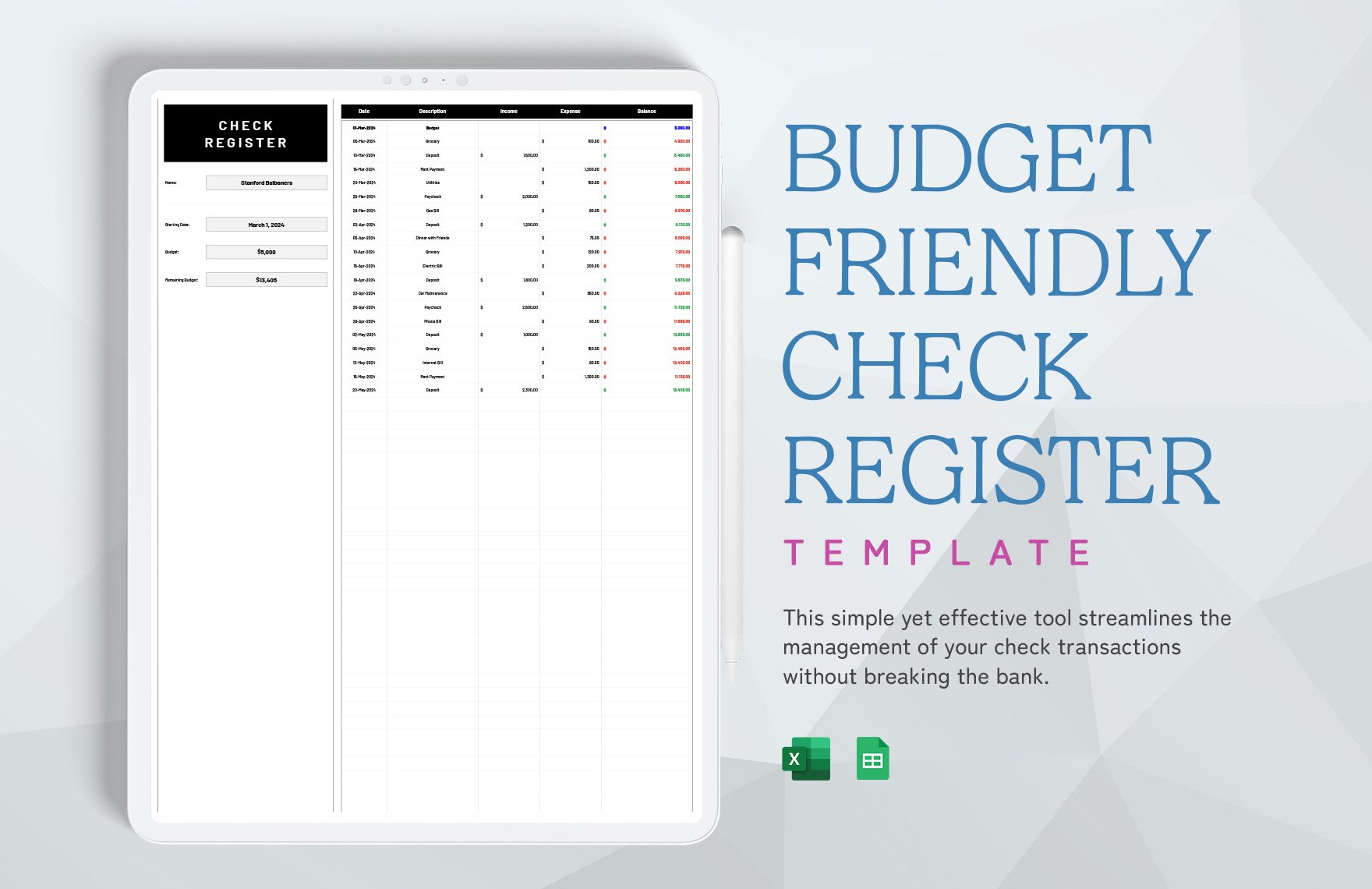 Budget-Friendly Check Register Template in Excel, Google Sheets