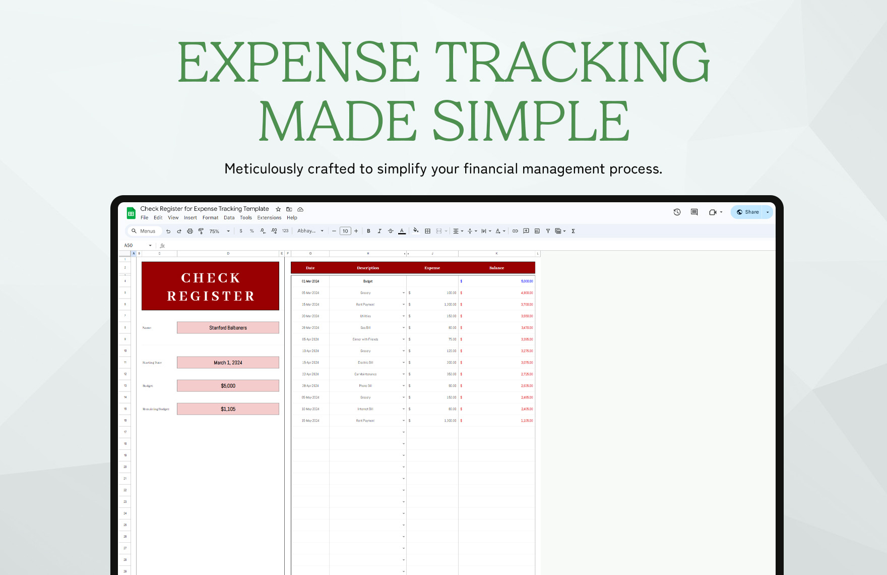 Check Register for Expense Tracking Template