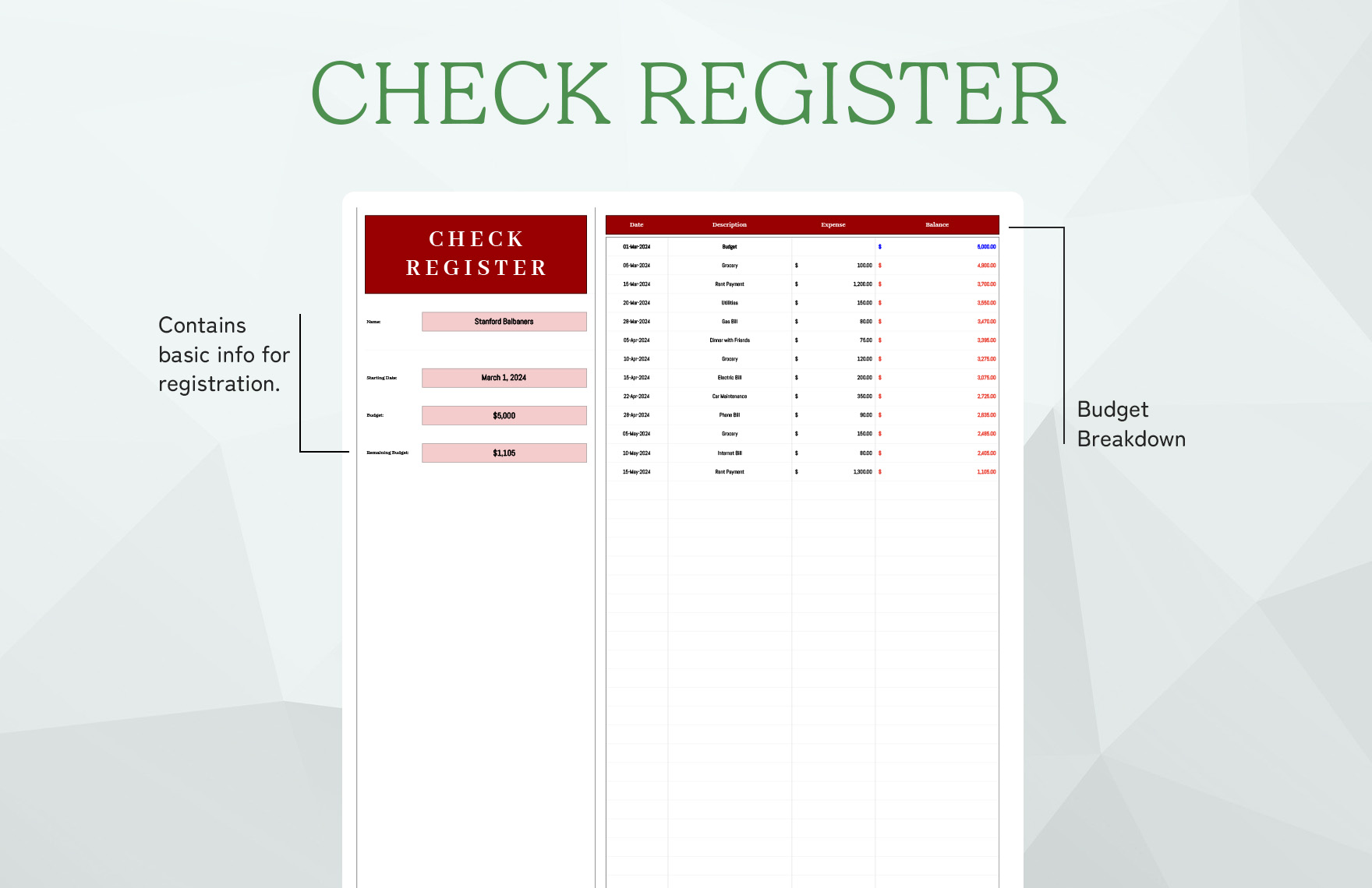 Check Register for Expense Tracking Template