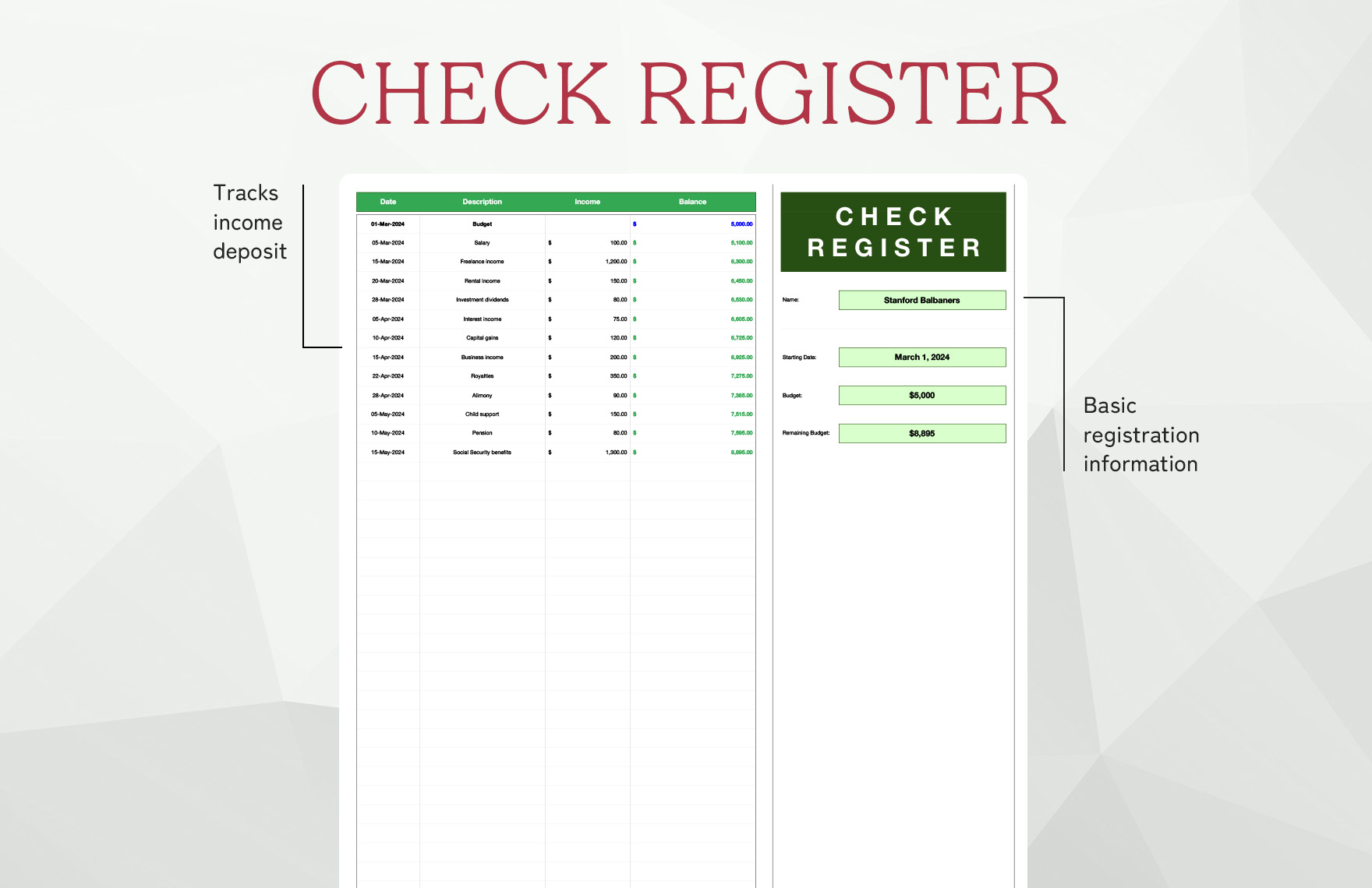 Check Register for Income Tracking Template