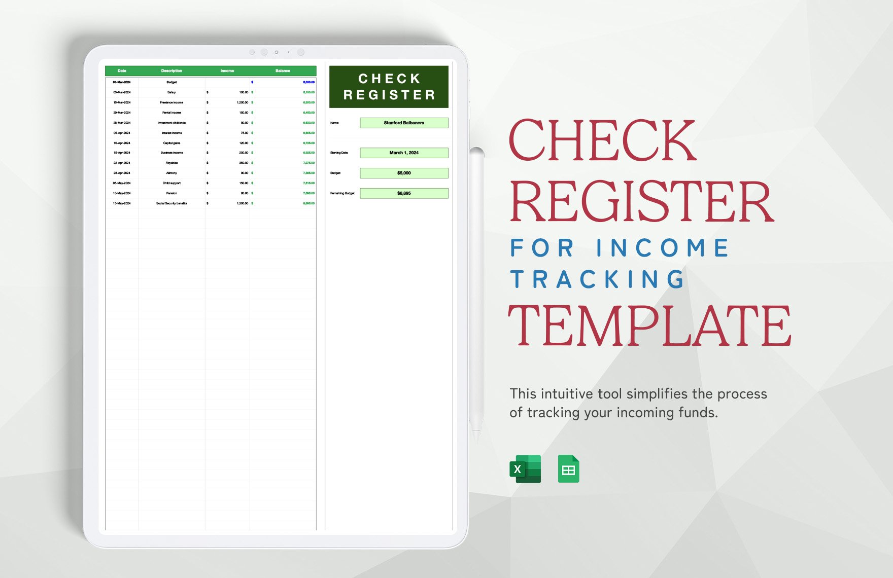 Check Register for Income Tracking Template in Excel, Google Sheets