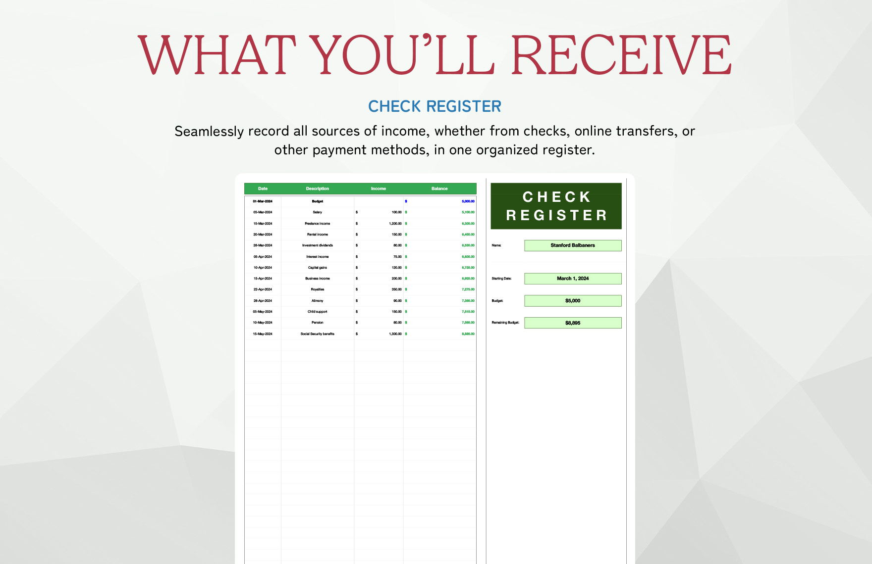 Check Register for Income Tracking Template