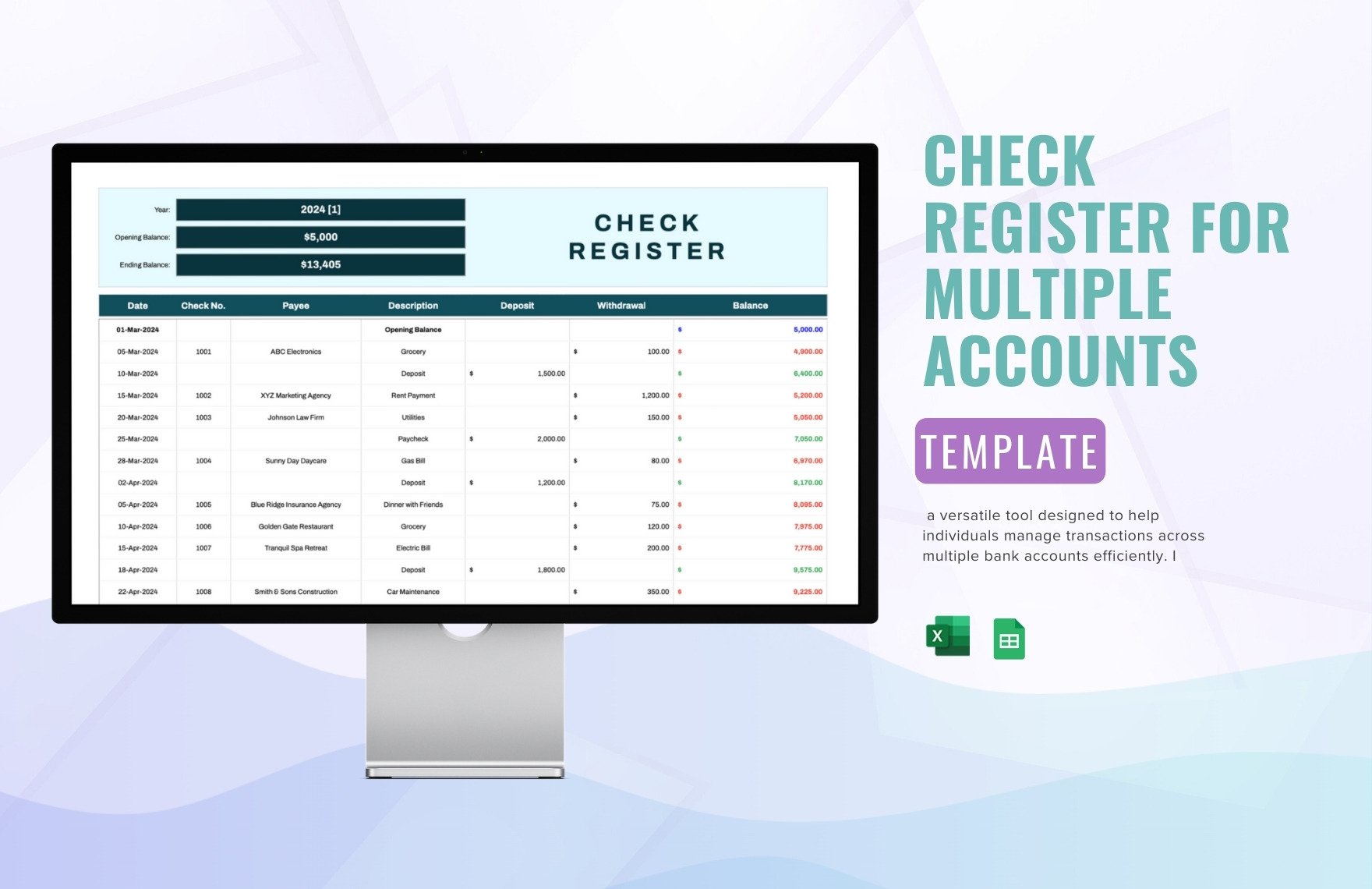 Check Register for Multiple Accounts Template in Excel, Google Sheets