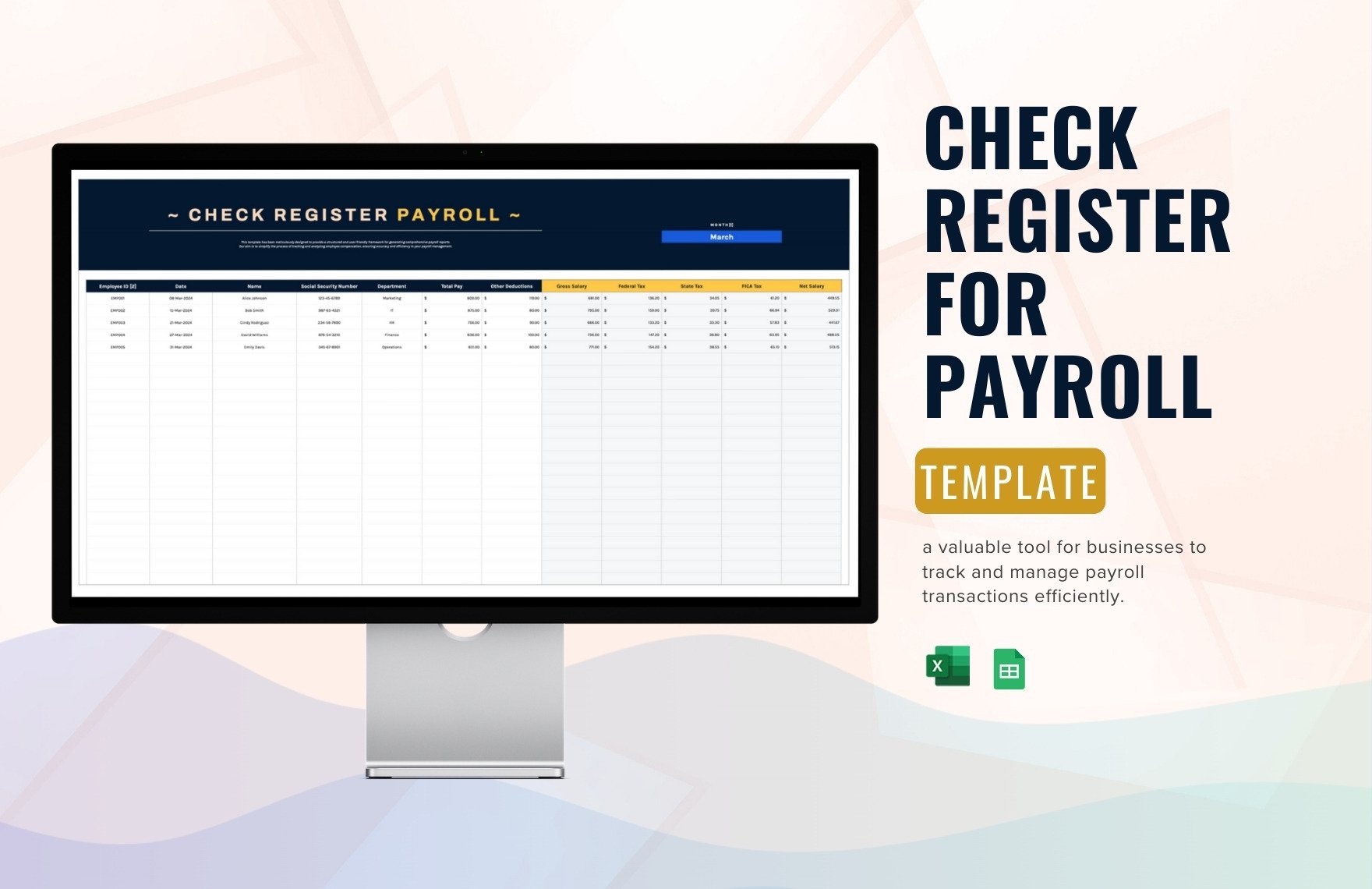 Check Register for Payroll Template in Excel, Google Sheets