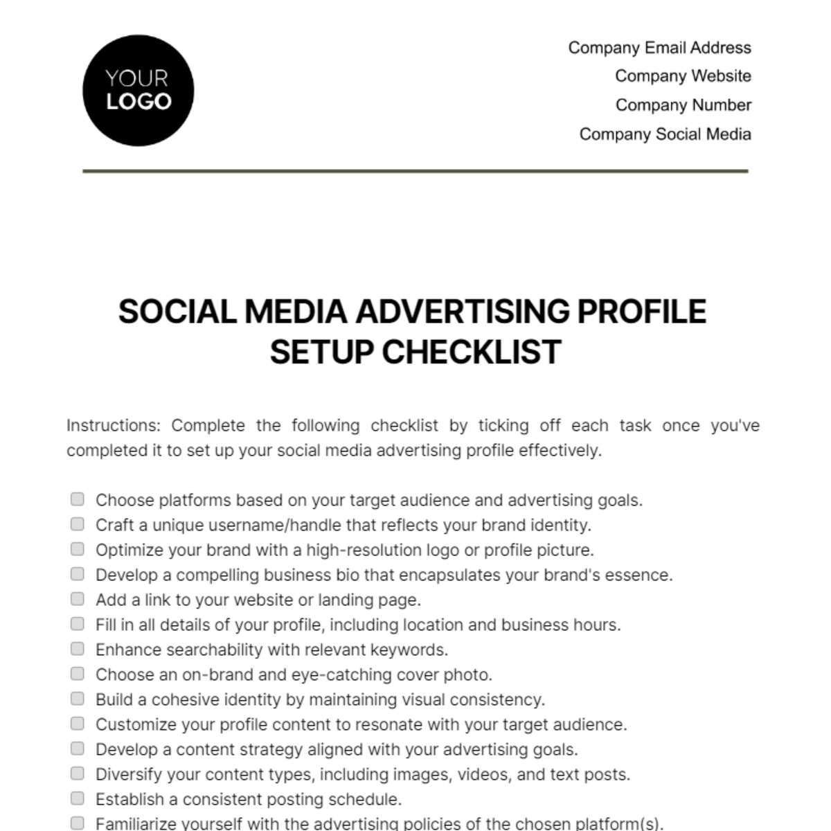 Free Social Media Advertising Profile Setup Checklist Template