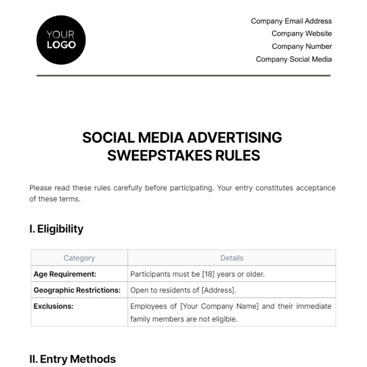 Social Media Advertising Sweepstakes Rules Template