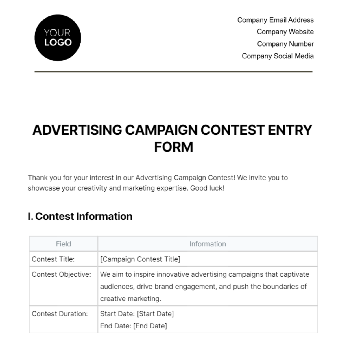 Advertising Campaign Contest Entry Form Template