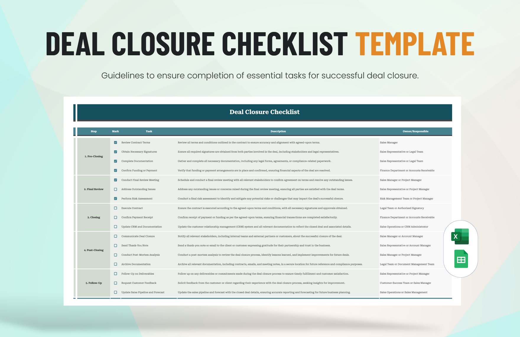 Deal Closure Checklist Template in Excel, Google Sheets