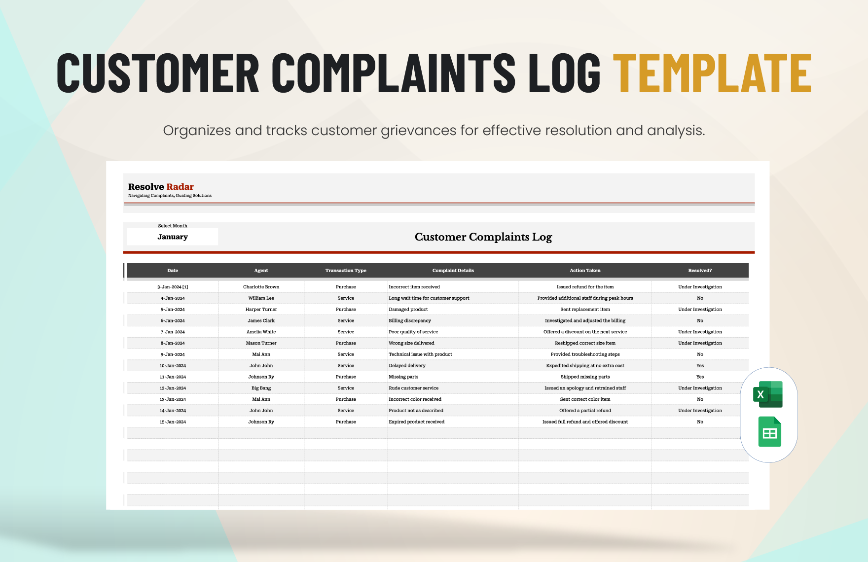 Customer Complaints Log Template in Excel, Google Sheets