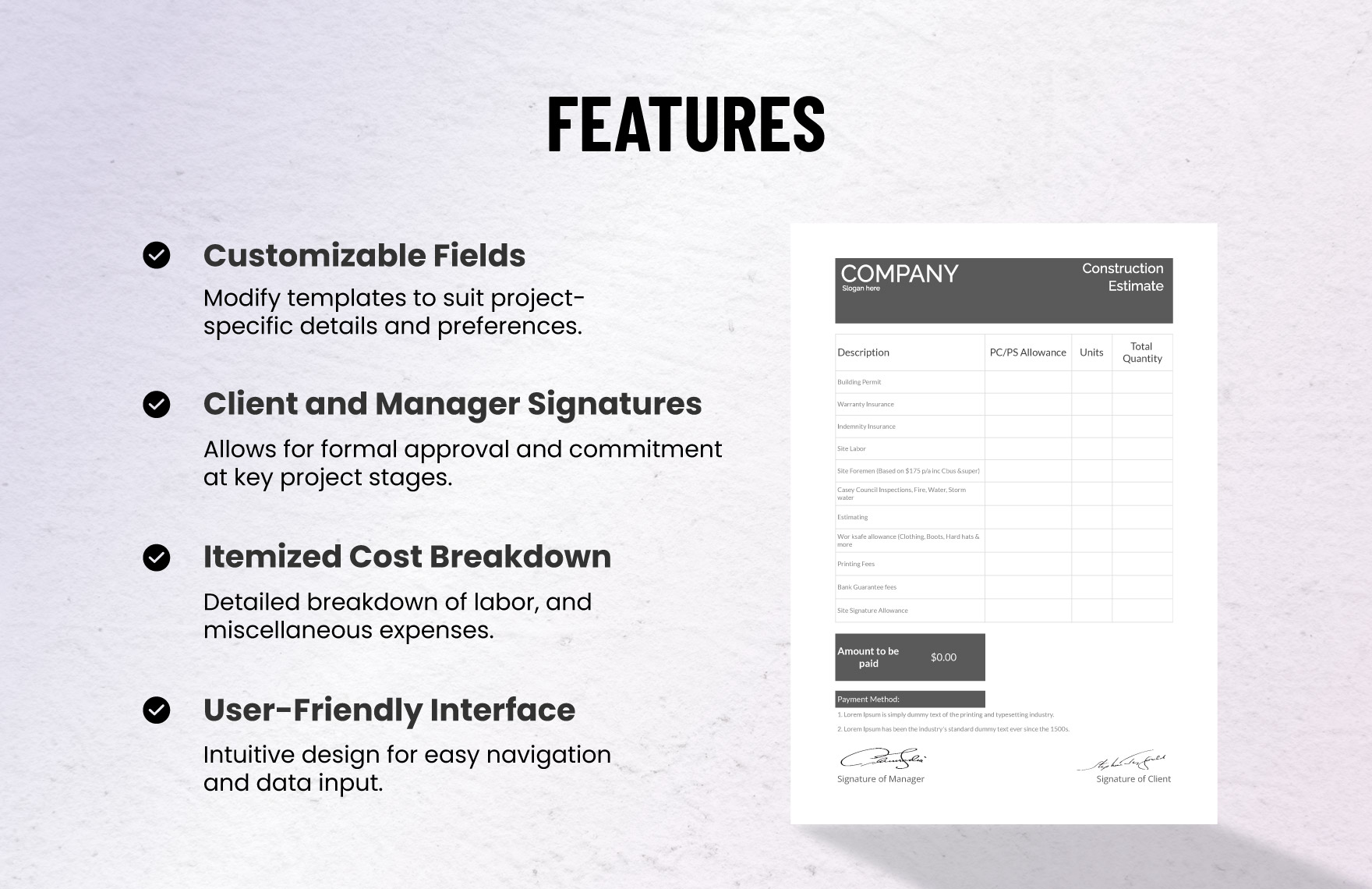 Commercial Construction Estimate Template