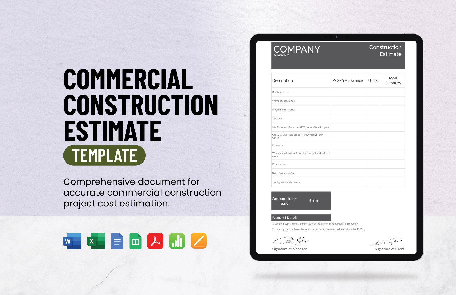 Commercial Construction Estimate Template in Word, Google Docs, Excel, PDF, Google Sheets, Apple Pages, Apple Numbers