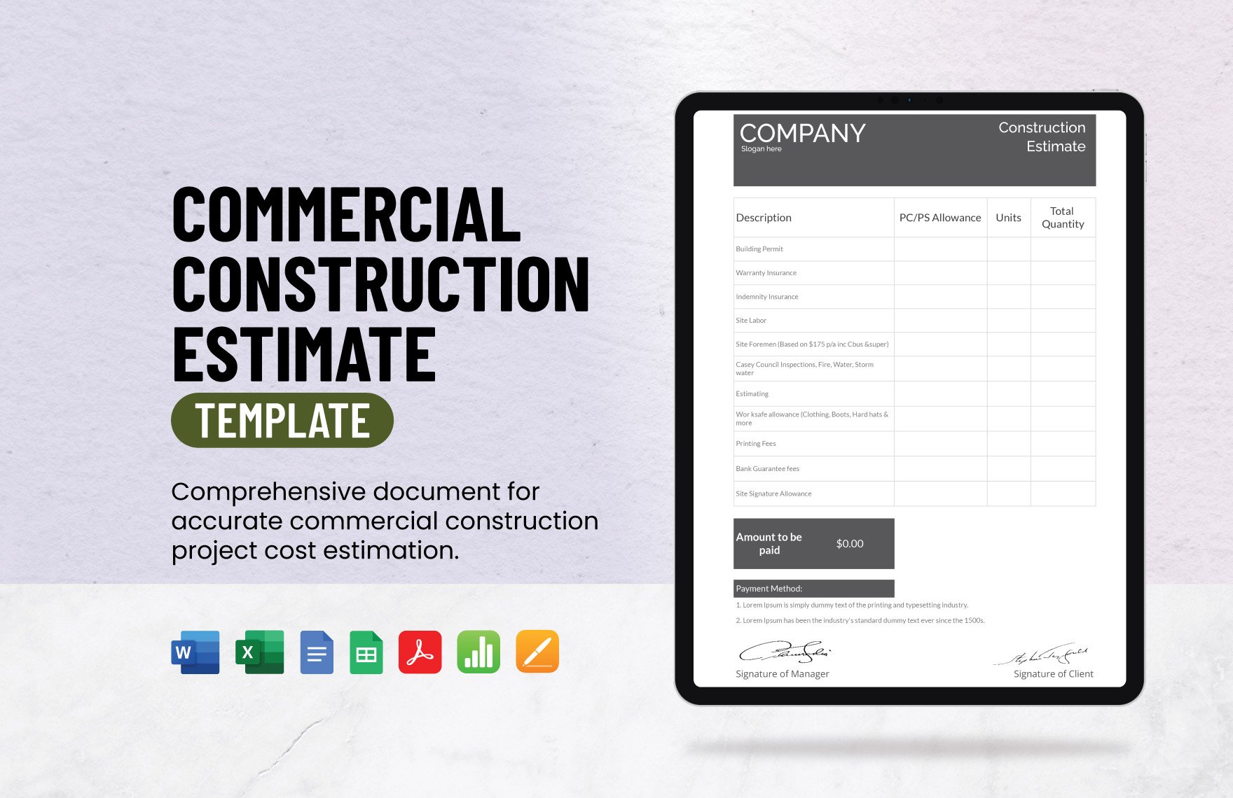 Commercial Construction Estimate Template in Excel, Word, PDF, Apple Numbers, Apple Pages, Google Docs, Google Sheets - Download | Template.net