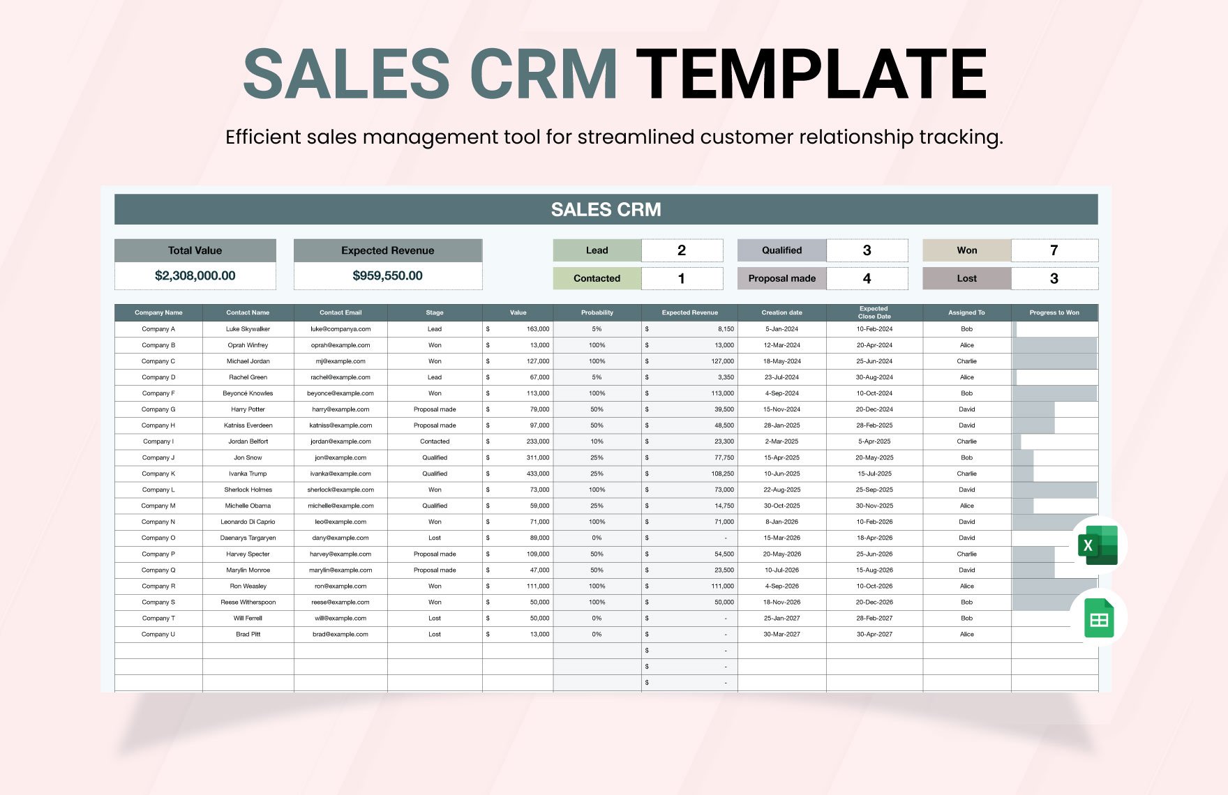 Sales CRM Template in Excel, Google Sheets