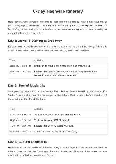 Free 6 Day Nashville Itinerary Template to Edit Online