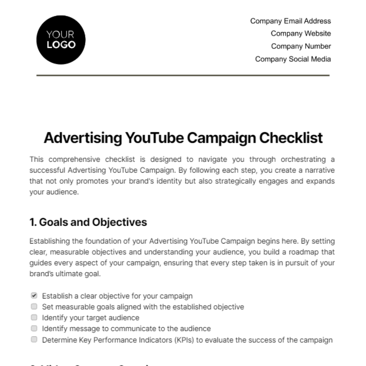 Free Advertising YouTube Campaign Checklist Template