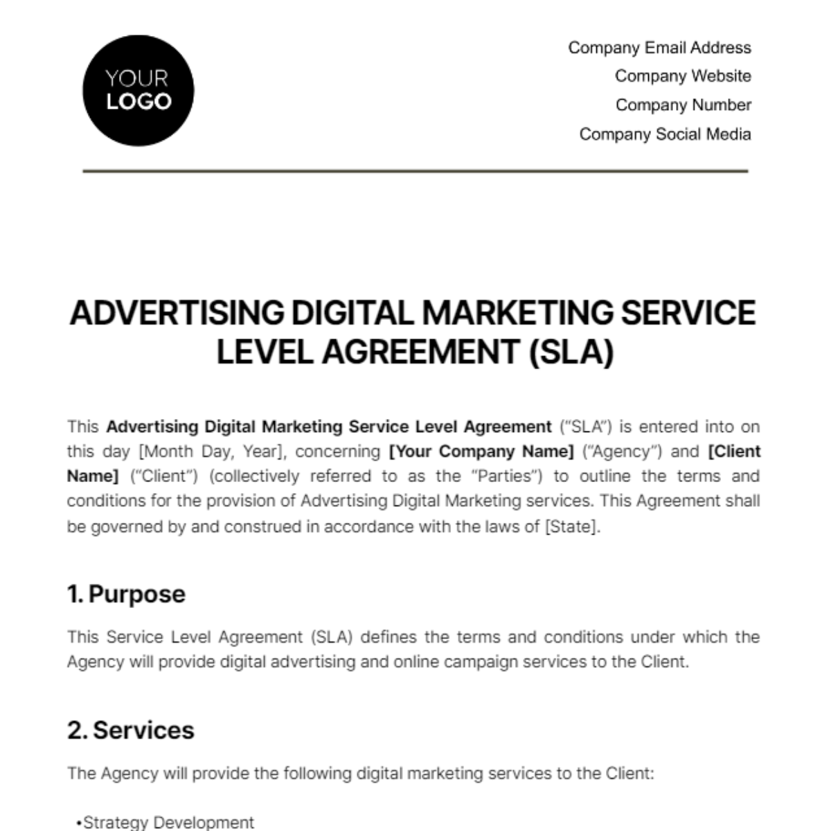Free Advertising Digital Marketing SLA Template