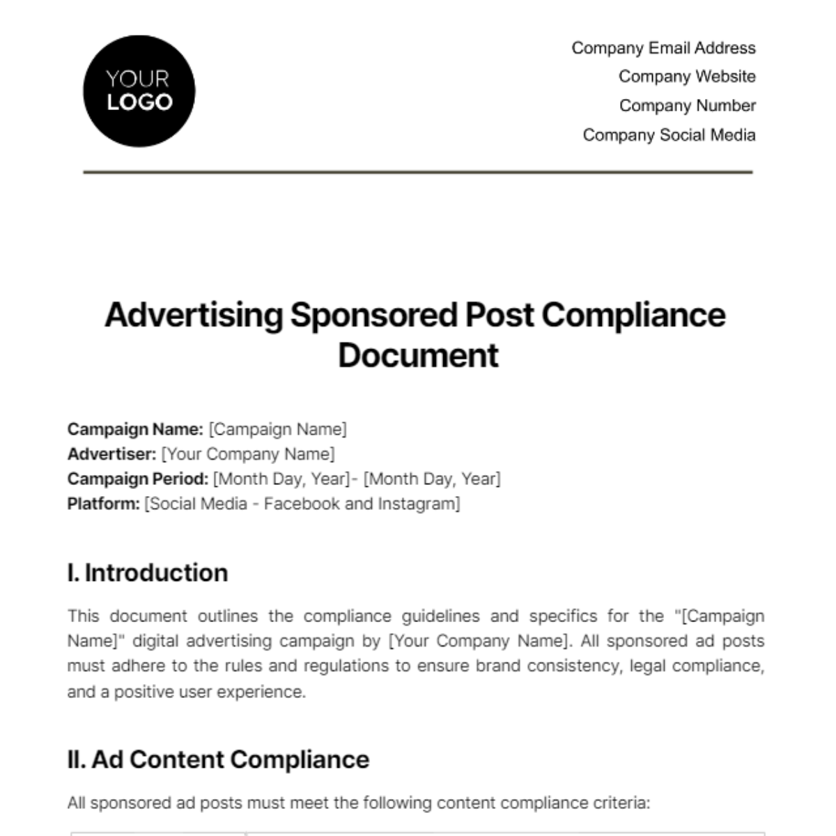 Free Advertising Sponsored Post Compliance Document Template