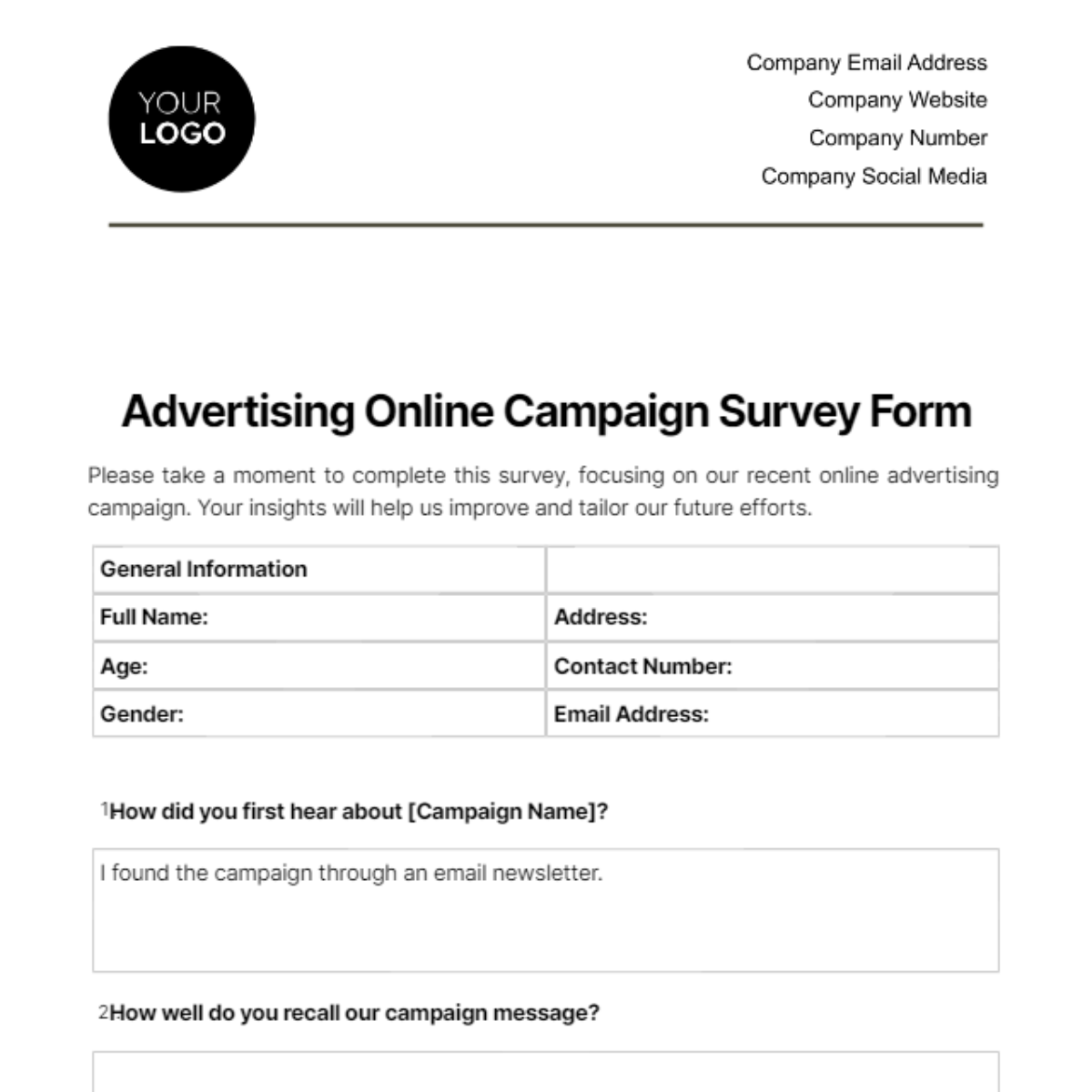 Free Advertising Online Campaign Survey Form Template