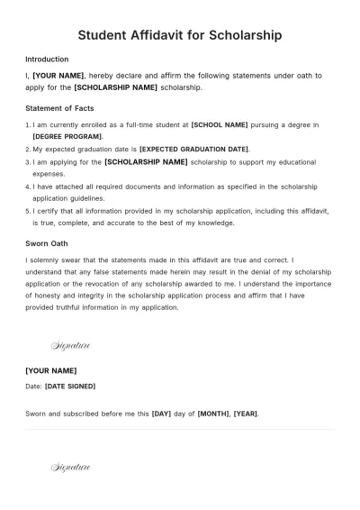 Free Student Affidavit for Scholarship Template to Edit Online